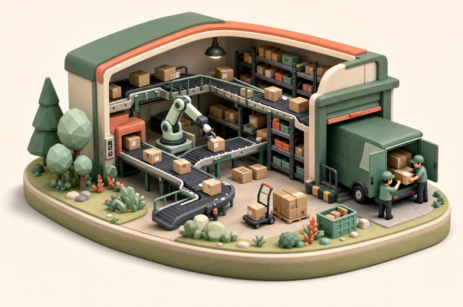 The Returo logistics hub as a clay diorama.